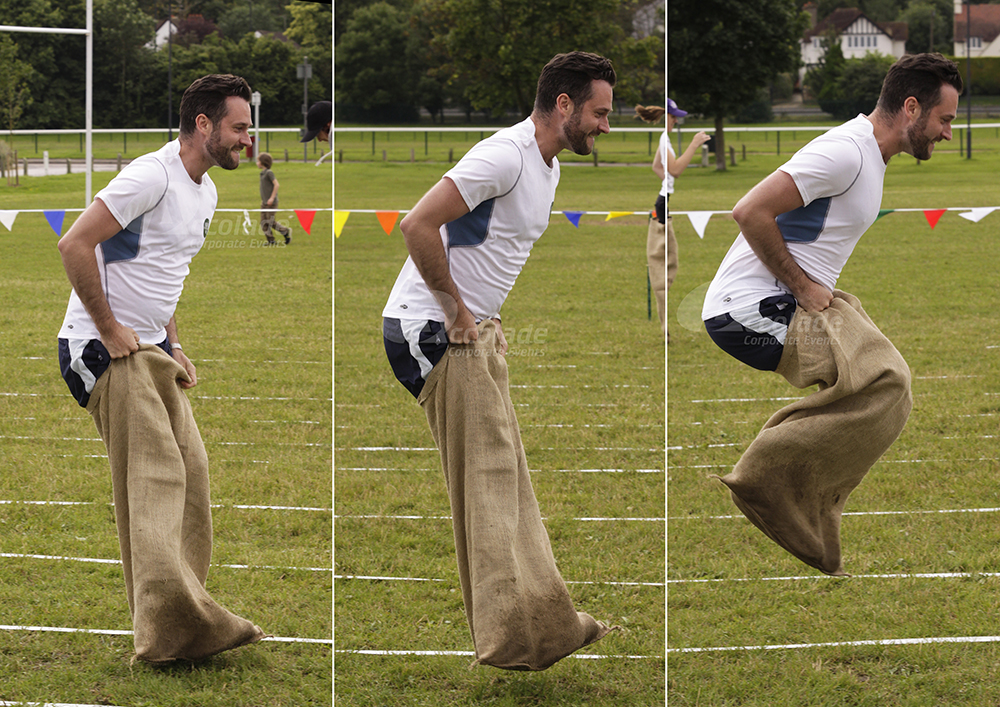 Man in the sack race at School Sports Day team building event