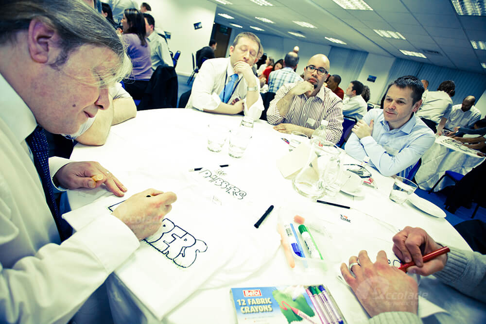 Team designing logo at Team Apprentice corporate team build event