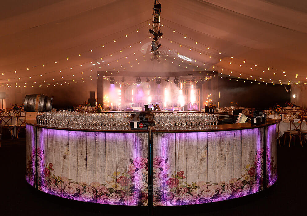 Stunning room set up with festoon lights at company party