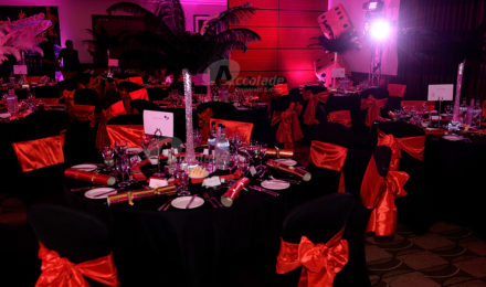 Red and black room theme at a Viva Las Vegas company party